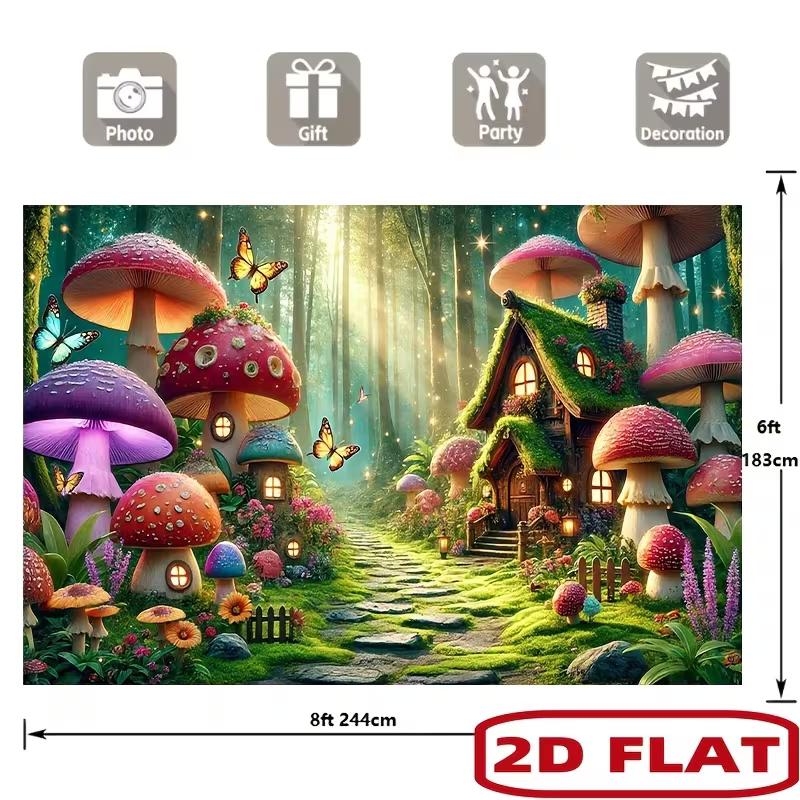 2D Bunter Verzauberter Pilzwald Foto Hintergrund für Kindergeburtstagsparty