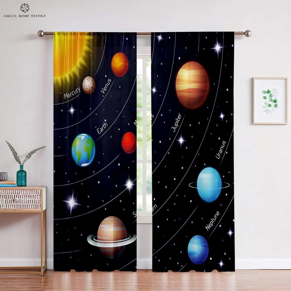 Custom Cartoon Animation Window Drapes, Universe Star Pattern, Bedroom, Living Room, Kitchen Decorative Curtains, 2 Pieces