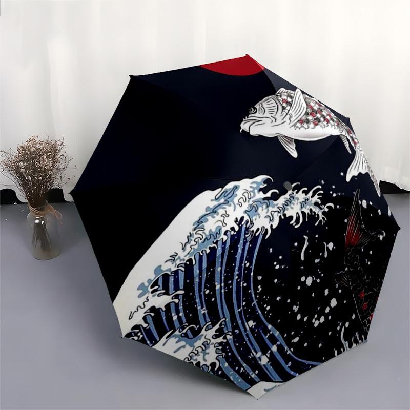 1pc Koi Fish Swimming Against the Current Umbrella with Plastic Handle,Suitable for All Seasons Home Travel Outdoor UmbrellaDD549