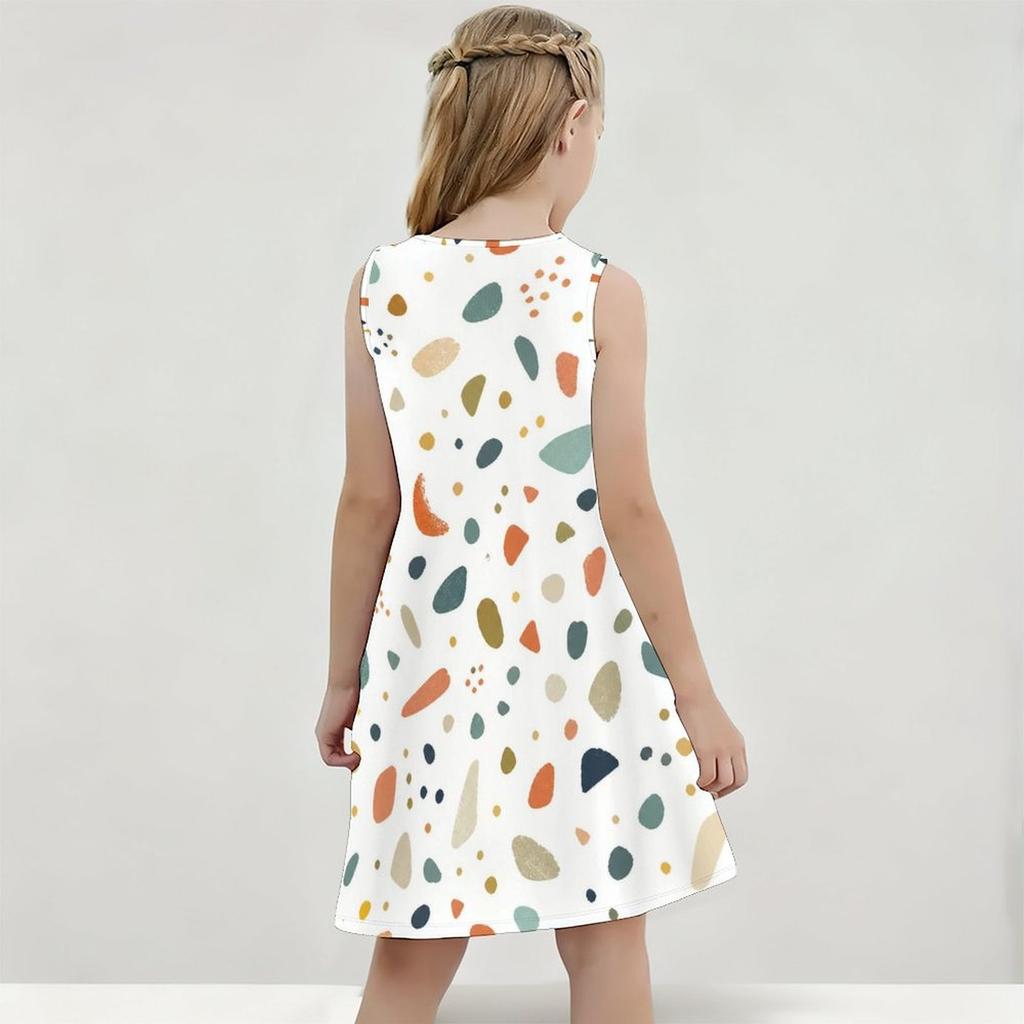 Girls Round Neck Sleeveless Geometric Printed A Line Flared Dress