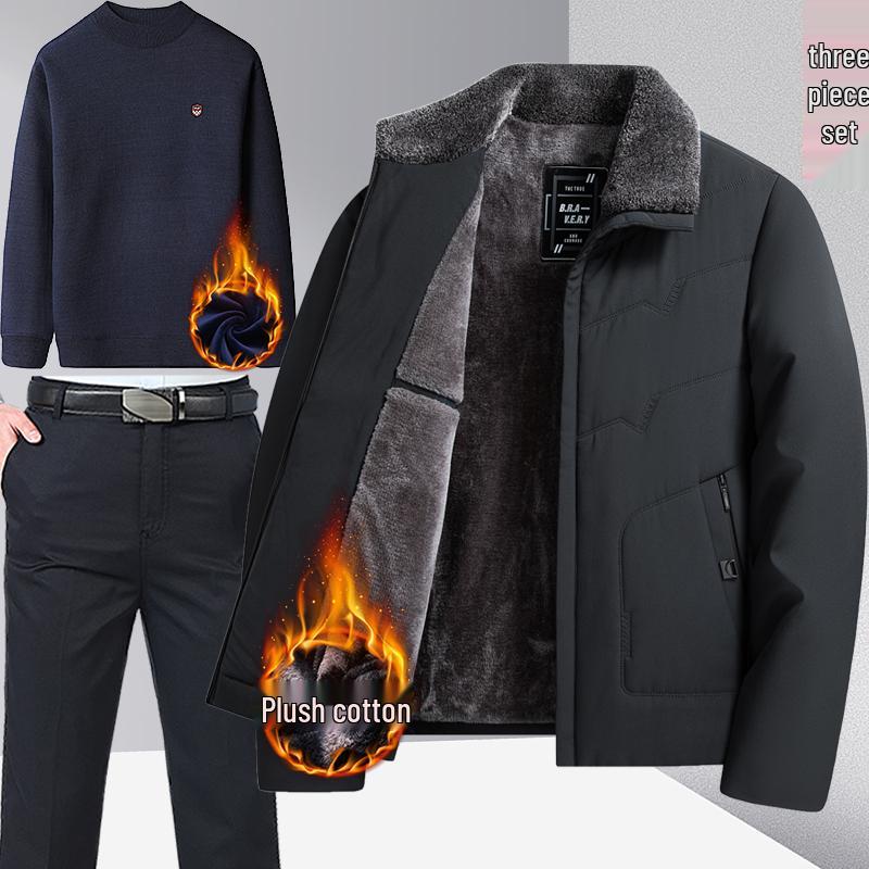 Woodpecker Men's Fleece-Lined Winter Jacket: Thick, Cotton-Padded, Cold-Proof Coat for Middle-Aged and Elderly.