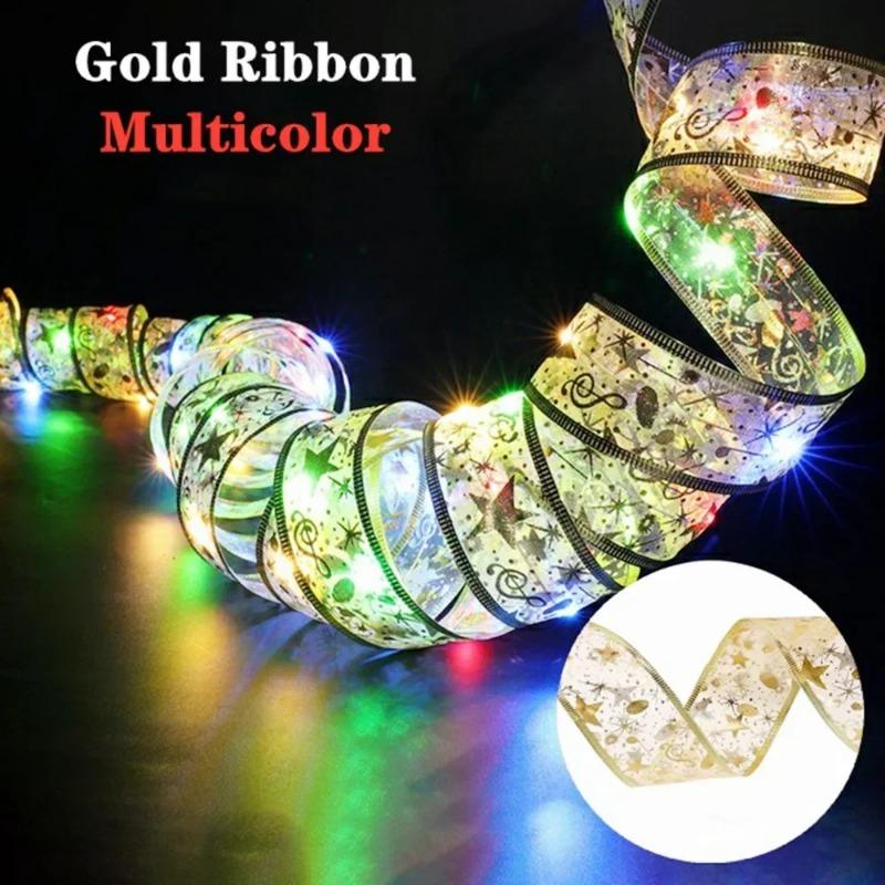 1/3/5M Christmas Tree Decoration Ribbon Lights DIY Bronzing Lace Ribbon String Lights For New Year Xmas Party Home Decolation