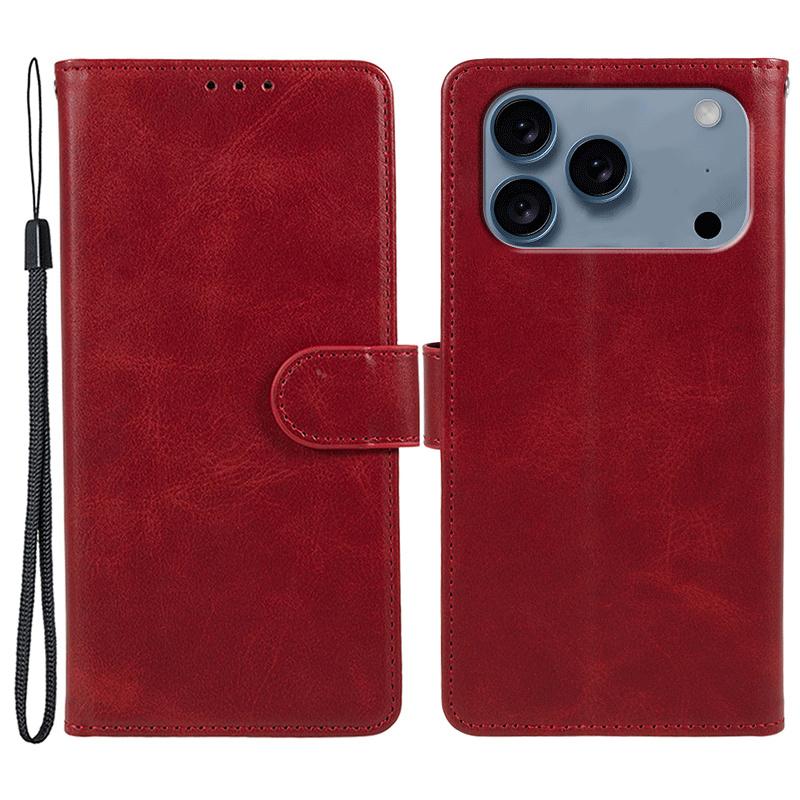 For iPhone 17 Pro Max Case Calf Texture PU Leather Wallet Phone Cover with Wrist Strap