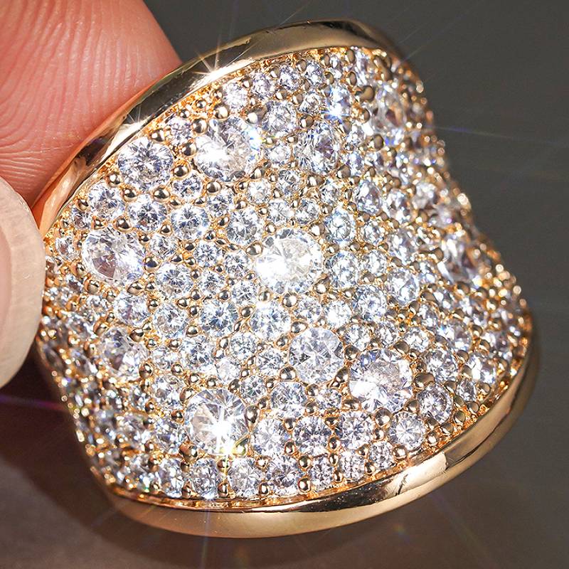 

Huitan Wave Geometric Design Women Gold Color Ring Luxury Party Inlaid Sparkling CZ Lady Unique Charming Accessories Zircon 8