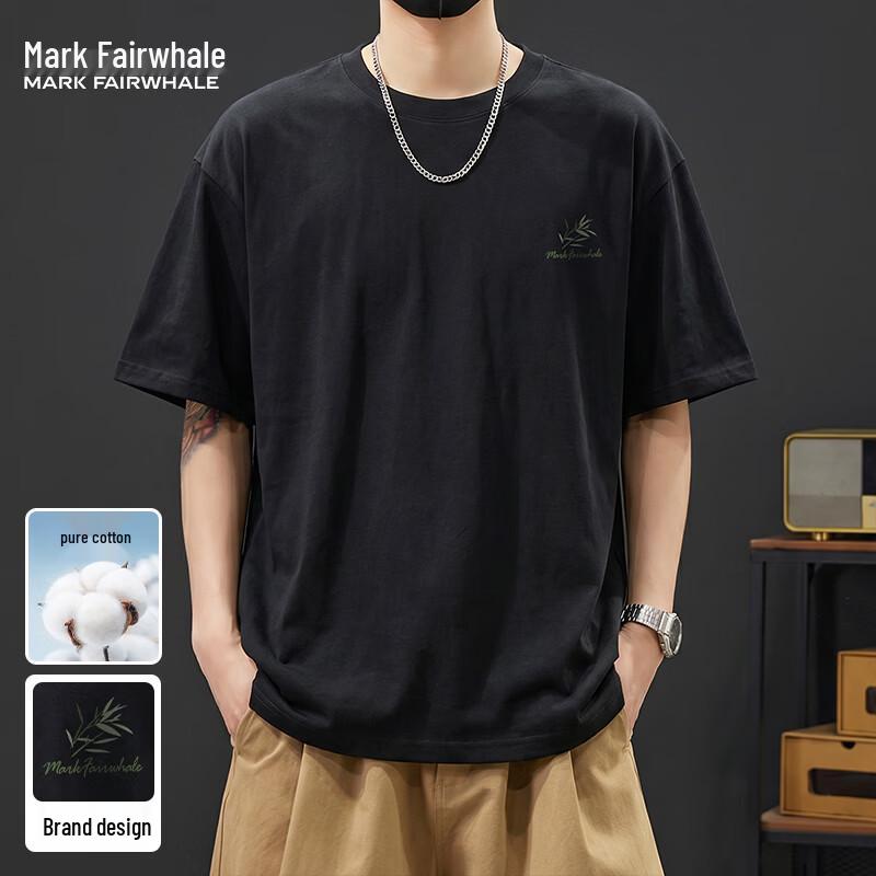 Mark Hua Fei Men s Bamboo Leaf Print Short Sleeve T-shirt S чёрный