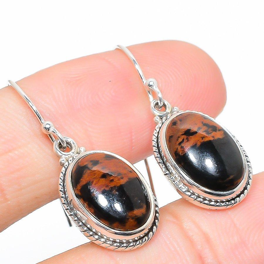 Natural Mahogany Obsidian Gemstone 925 Solid Sterling Silver Earring 1.25" D8u26