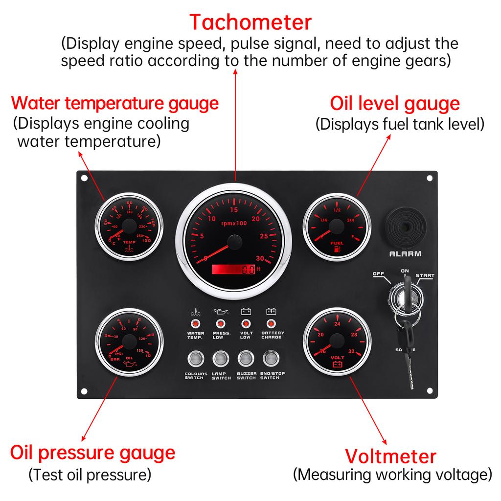 7 Color Backlight Marine Boat 5 Gauge Set 85MM Tachometer+Fuel Level Gauge+Water Temp Meter+Oil Pressure Gauge+Voltmeter 52MM