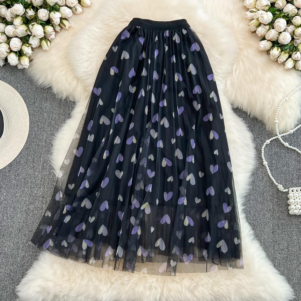 

Юбка из пряжи с эластичной резинкой на талии, полуюбка с принтом Love, женская весенняя сетчатая юбка с большими качелями, плиссированная юбка, полуюбка One Size чёрный