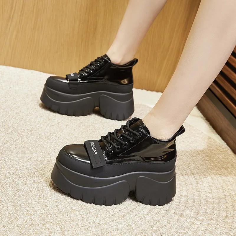 Fashion 8cm Patent Leather Synthetic Chunky Round Toe Heel Females Lace Up Summer Fashion Hight Heels Platform Women Casual Shoes