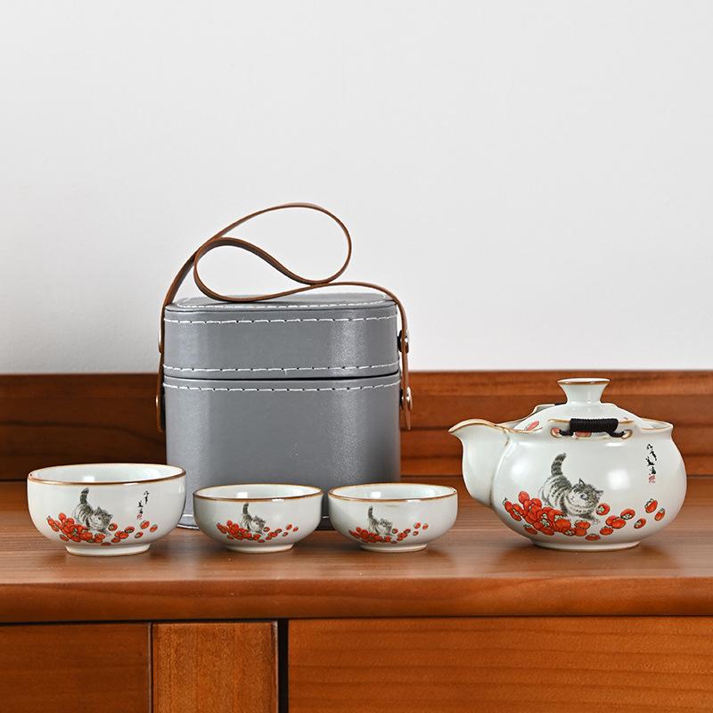 Ru kiln twisted branch lotus, a pot of three cups of travel tea set, a complete set of express cup outdoor portable bag, brewing teapot