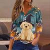 Women's Casual V-Neck Button Pullover T-Shirt with Halloween Print and Three-Quarter Sleeves