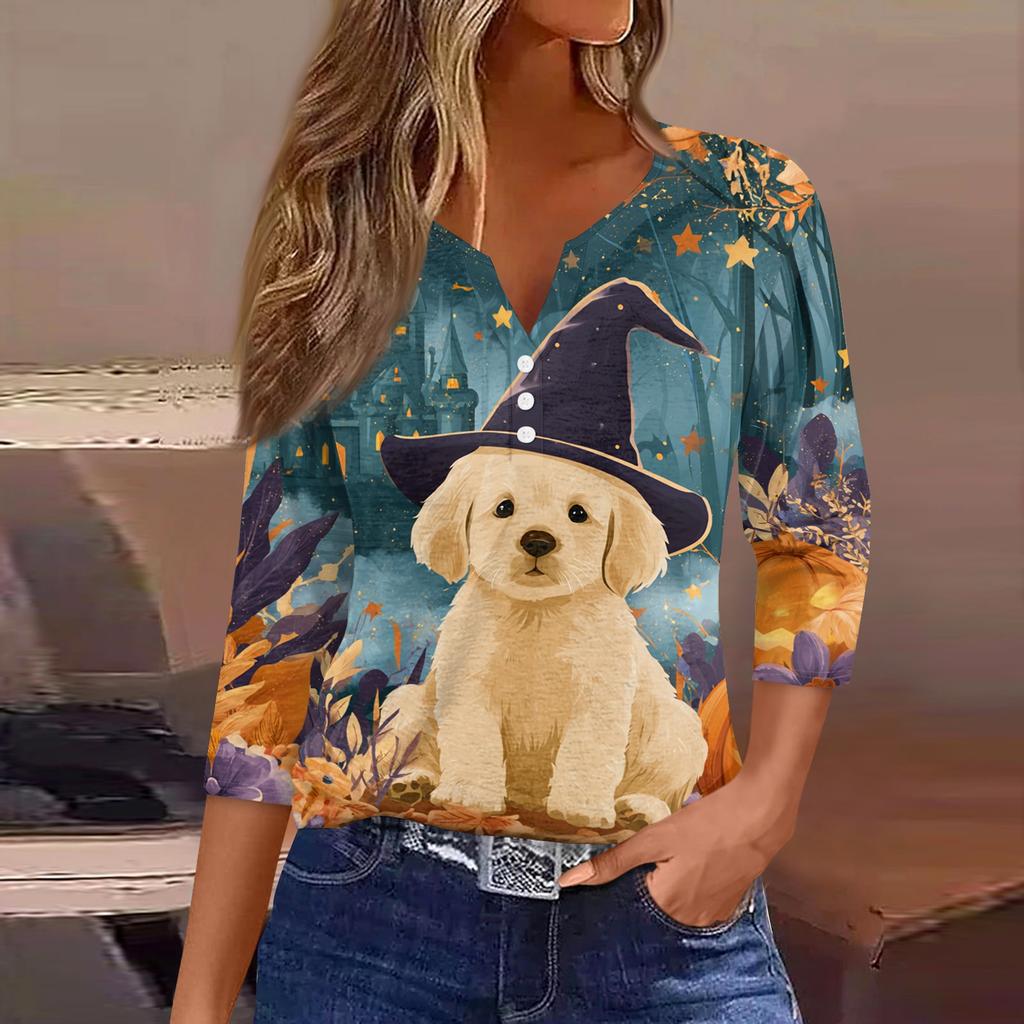 Women's Casual V-Neck Button Pullover T-Shirt with Halloween Print and Three-Quarter Sleeves