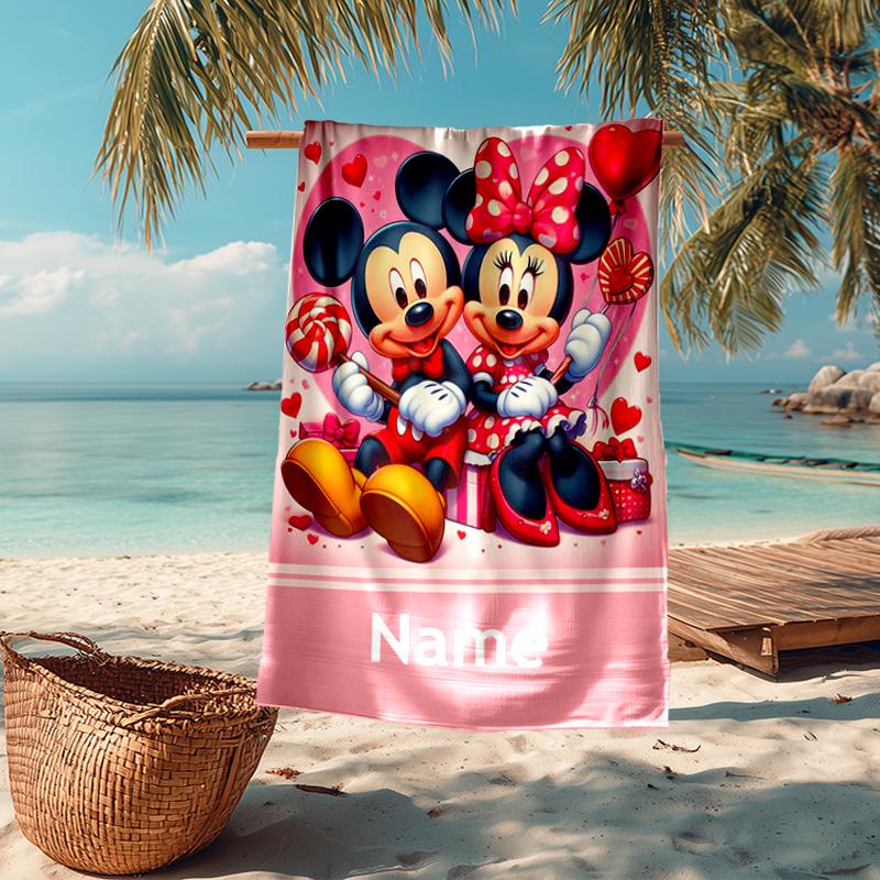 Custom Name Ultra-Soft Beach Towel with Mickey Minnie Theme,Ideal for Pool - Camping, Diving - Perfect Travel Essential, Vibrant Beach Towel.