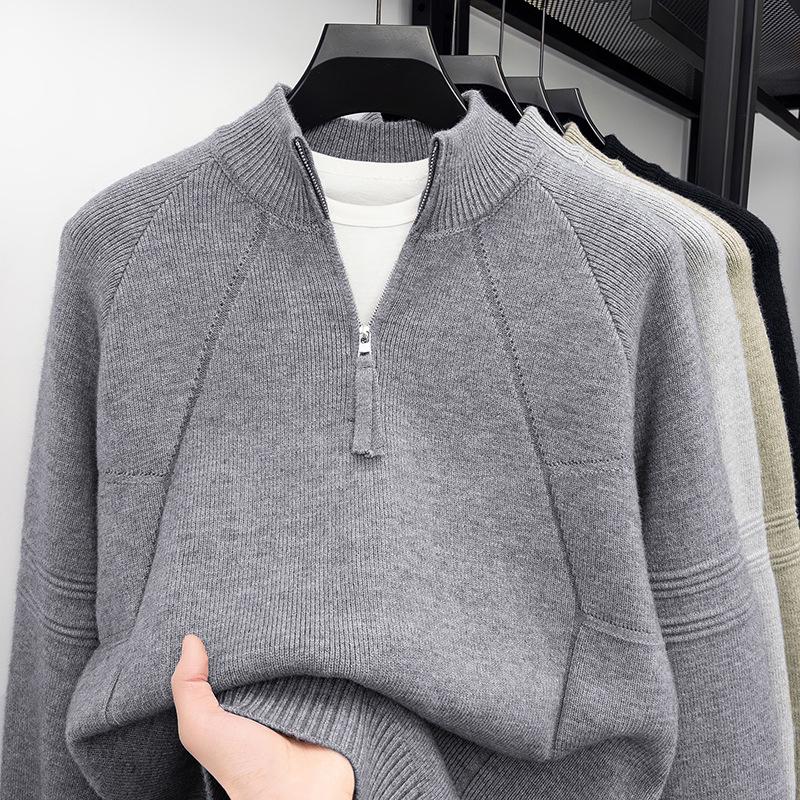 850g Men's Heavyweight Stand Collar Zipper Knit Sweater - Winter Warm Base Layer for Mid-Aged and Young Adults.