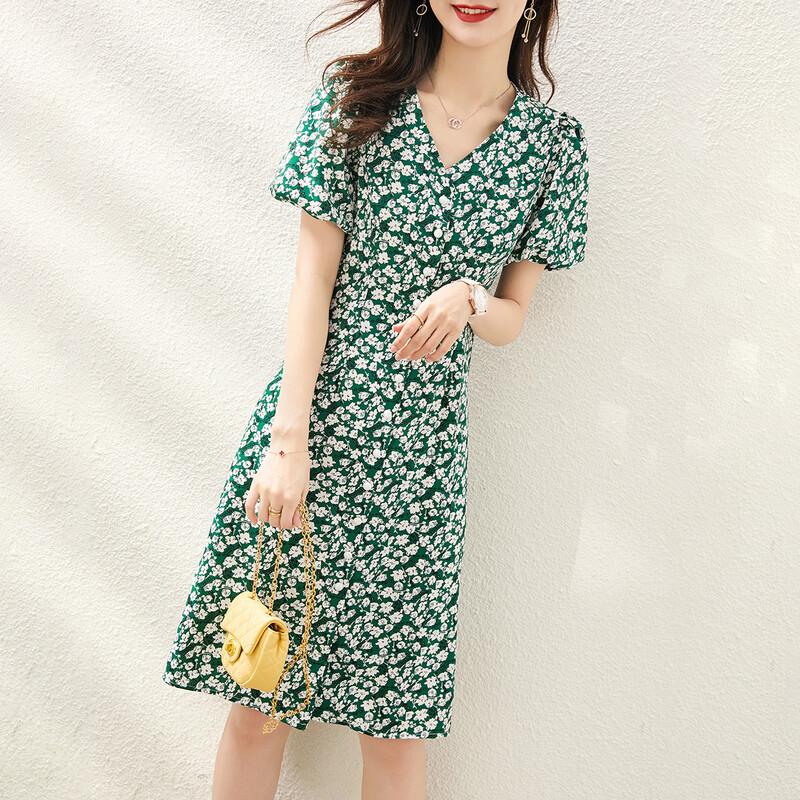 V-Neck Floral Chiffon Midi Dress L