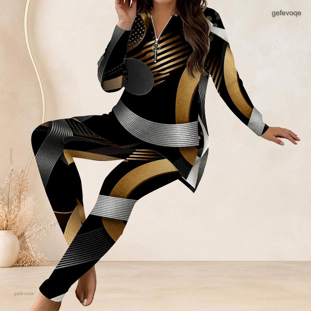 Women Plus Size Black Green Gold Printed Half Zip Long Sleeve Longline Top And Pants Two Piece Set