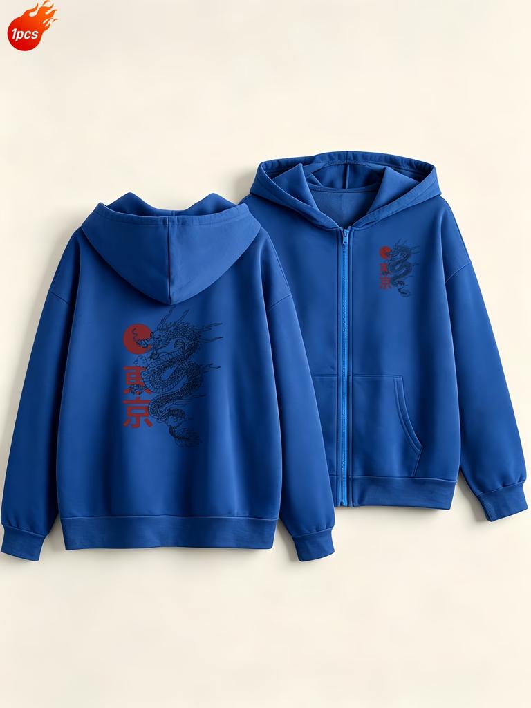 Autumn Girls Zip-up Hooded Cardigan Front & Back Tokyo Dragon Japanese Print Loose Drop Shoulder with Kangaroo Pocket