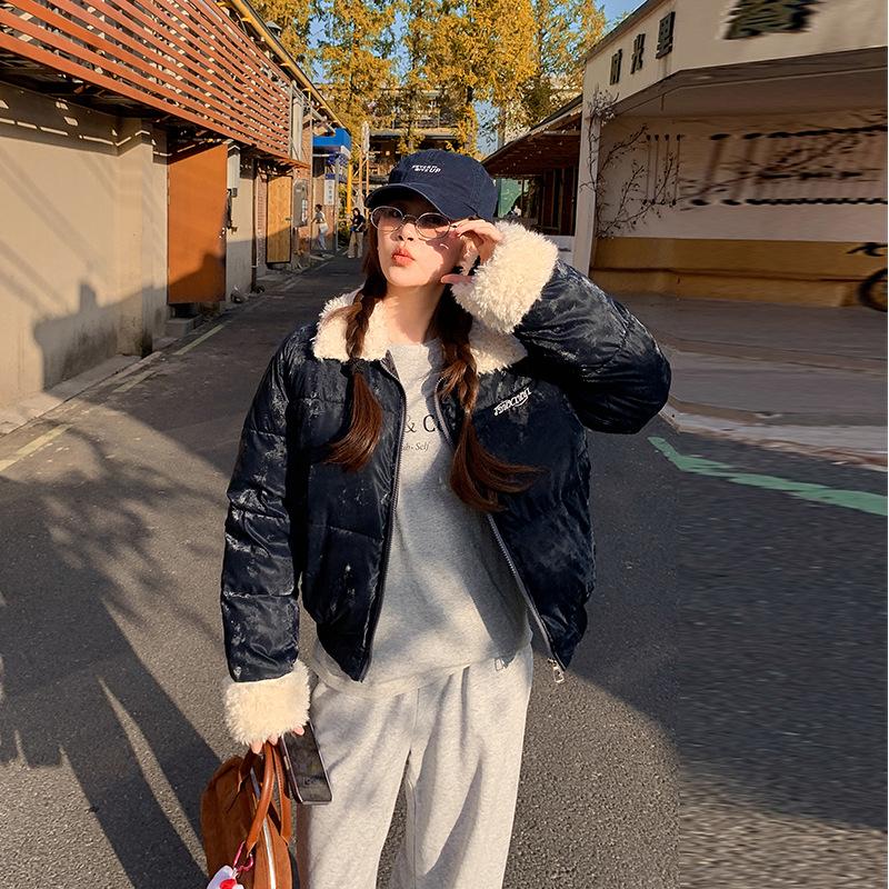 

Lamb Wool Lapel Short Puffer Jacket Student Outerwear M чёрный