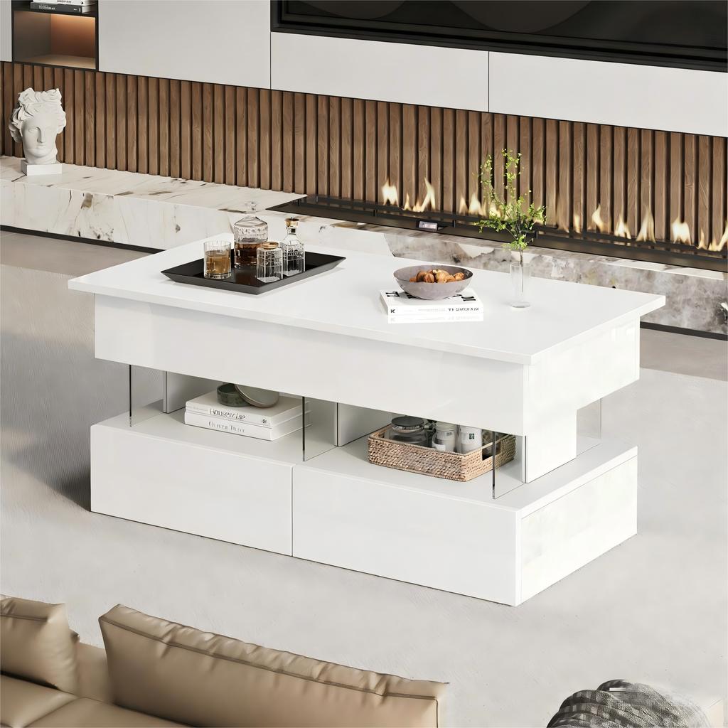 Tavolino Sollevabile 100 x 50 x 46 cm con Piano Regolabile in Altezza, Tavolino Laterale Bianco ad Alta Lucentezza con LED e 2 Cassetti, MDF + Acrilico