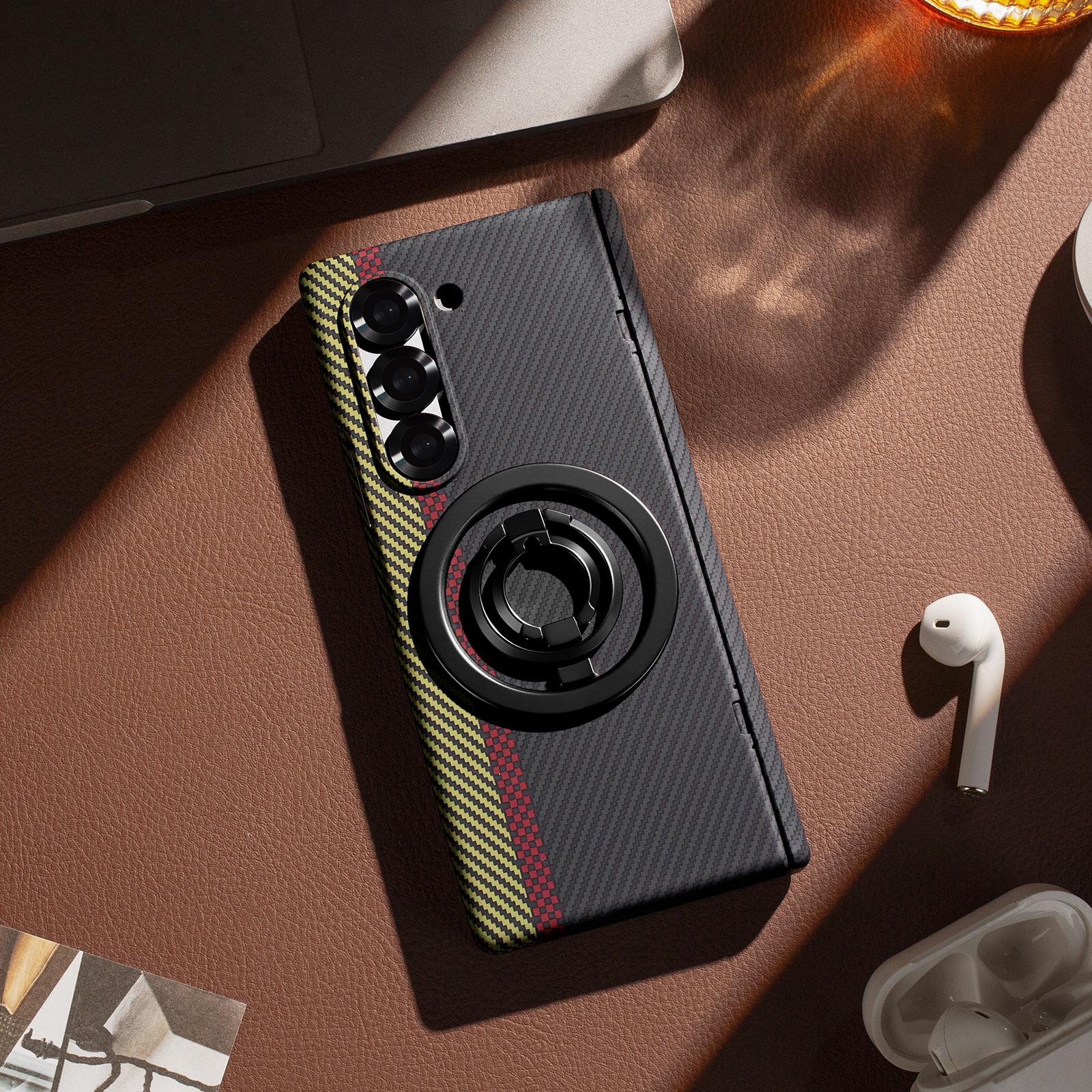 

360° Rotating Ring Holder Metal Hinge Phone Case for Samsung Galaxy Z Fold 7 6 5 4 3 Ultra Thin Carbon Fiber Kickstand Protect Cover Galaxy Z Fold7 бежевий