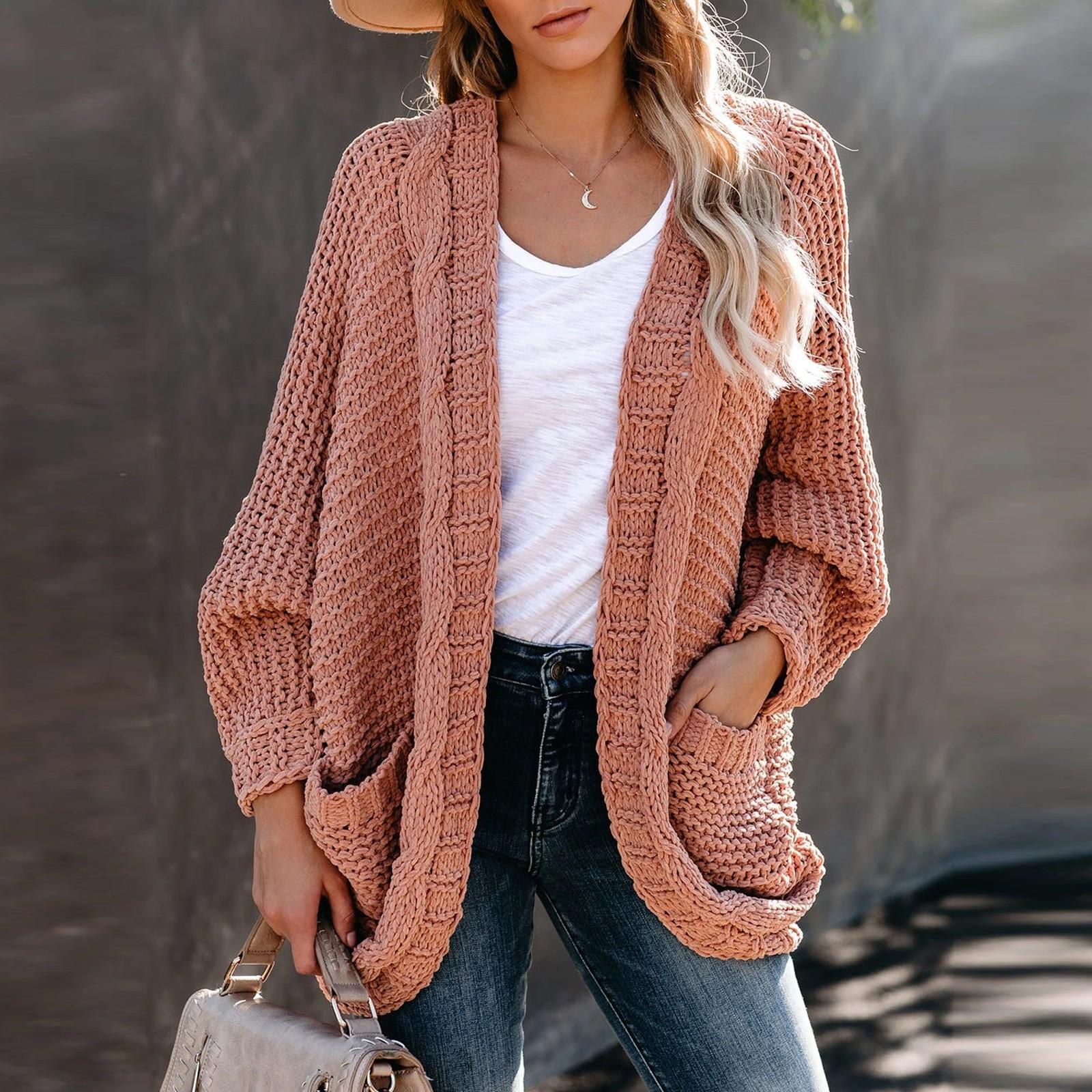 

Жіночі в язані кардигани, вільні широкі широкі светри з кишенями, пальто L рожевий