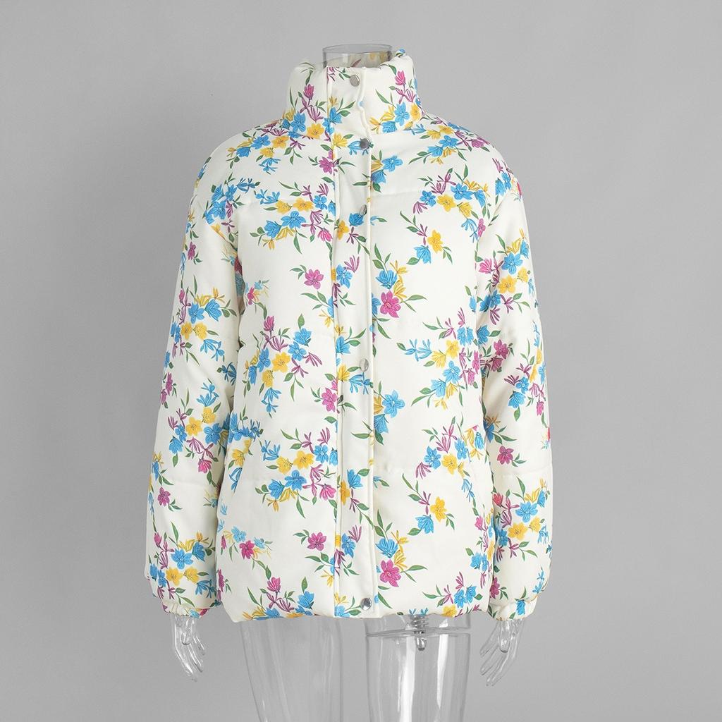 Fall Winter Women's Printed Cotton Padded Jacket, Stand Collar Zip Up Warm Puffer Coat For Outdoor Casual