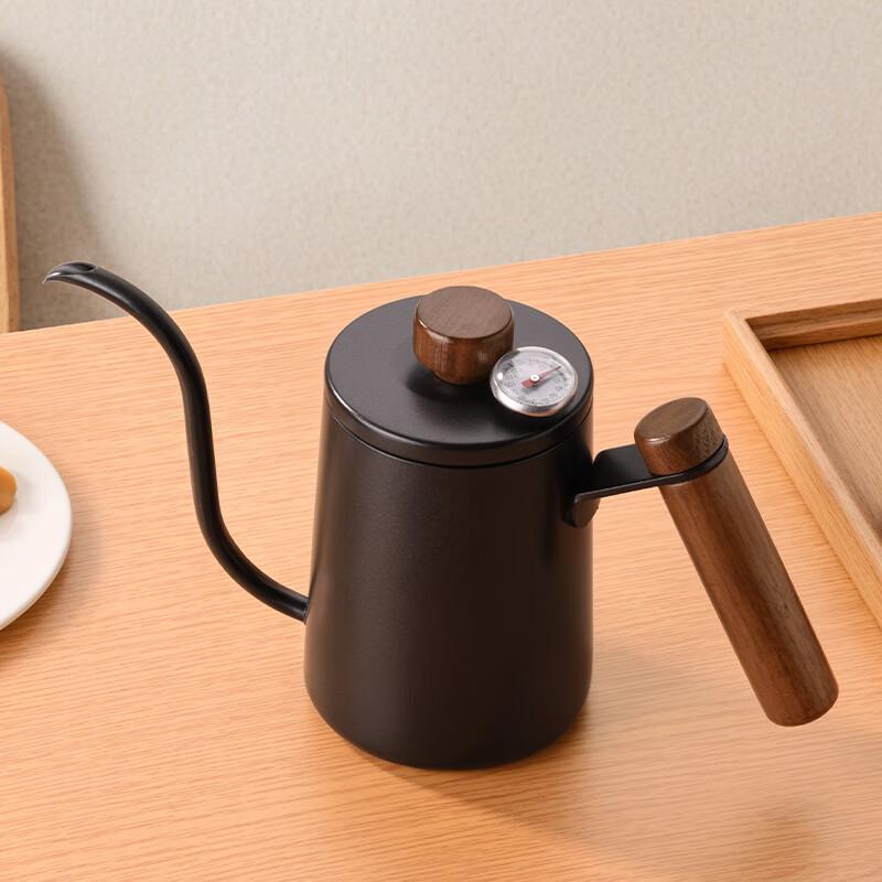 CLITON 304 Stainless Steel Pour-Over Coffee Maker with Wooden Handle, Travel Office Home Use Long Spout Thin Mouth Coffee Pot with Lid