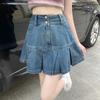 High Waist Denim Pleated Skirt Women A-Line Bodycon Mini Casual Chic Streetwear