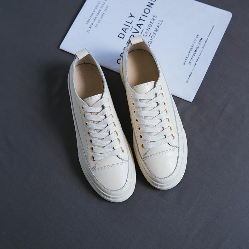 Genuine Leather Shoes Spring Autumn Cow Leather Flat Bottom Loafers White Shoes Ladie Sneakers Vulcanized Shoes