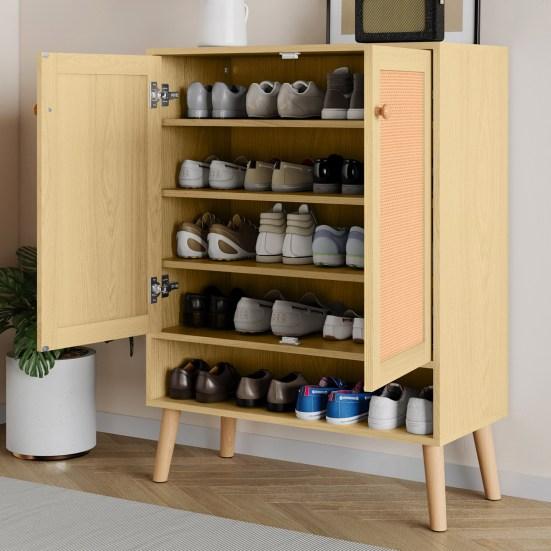 Shoe Cabinet with 2 Rattan Doors and 5 Shelves, Hallway Shoe Cabinet with Wood Handles and Solid Wood Legs
