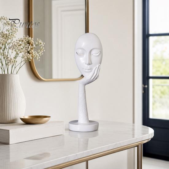 Stable Base Decoration Abstract Contemplative Face Resin Sculpture, Minimalist Hand-on-Chin Bust Statue for Desk Living Brushed Black Ornament