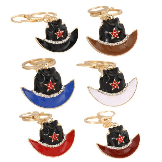 Keychain Pendant Sparkling Rhinestones Five-Pointed Star Pattern Western Style Cowboy Hat Design Key Chain with Lobster Clasp Backpacks Accessory