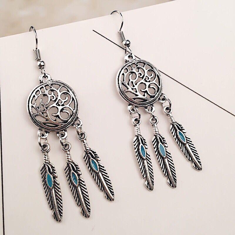 Retro Ethnischer Stil Traumfänger Blatt Quaste Feder Quaste Ohrringe