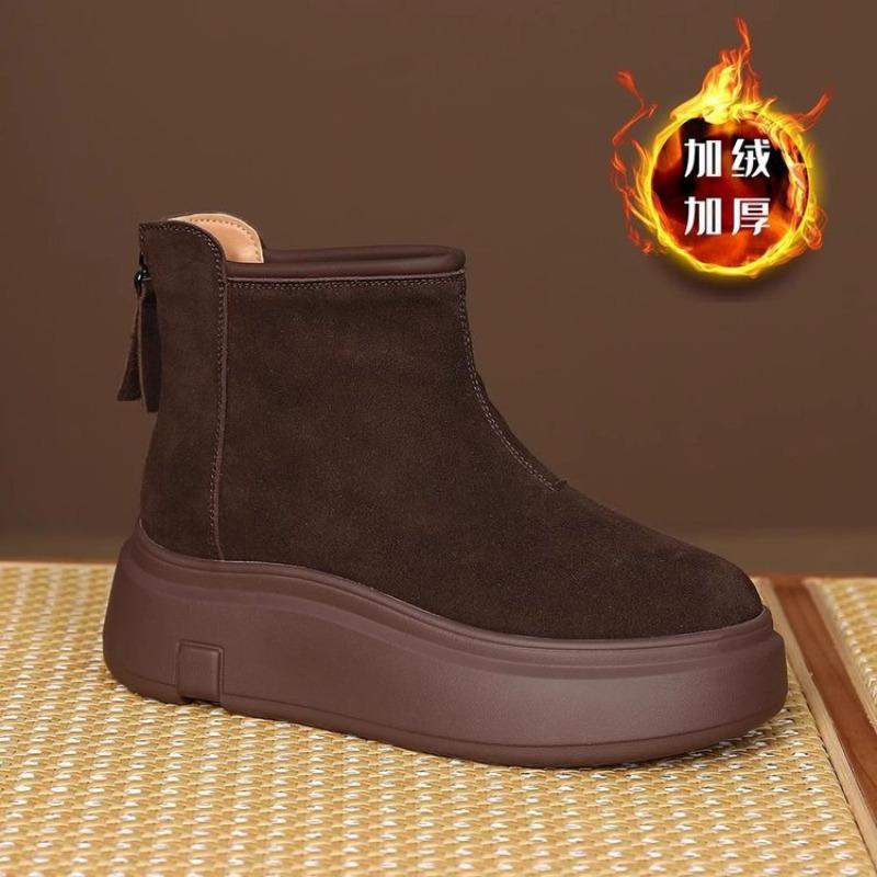 Thick-soled Round Head Heightening Martin Boots Women's New Winter Women's Shoes Brown Retro Velvet Warm Matte Short Boots