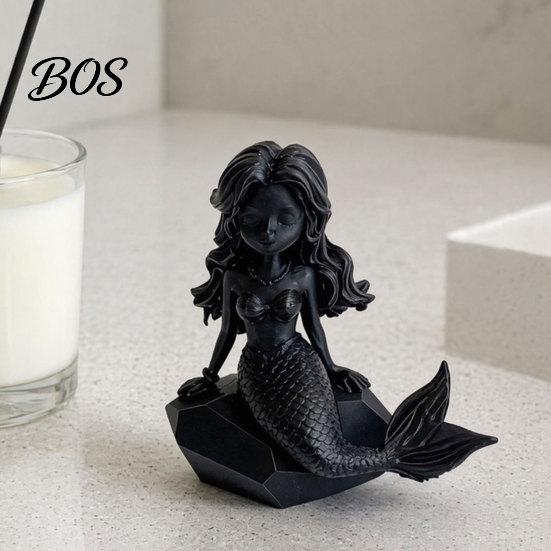 Fade-resistant Home Ornament 3D Printed Mermaid Action Figure, Dark Gothic Style Figurine with Matte Black Finish, Movable Joints Wavy Hair