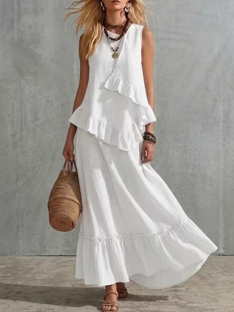 Spring and summer European and American style cotton and linen suit women's loose sleeveless dress two-piece vacation casual dress