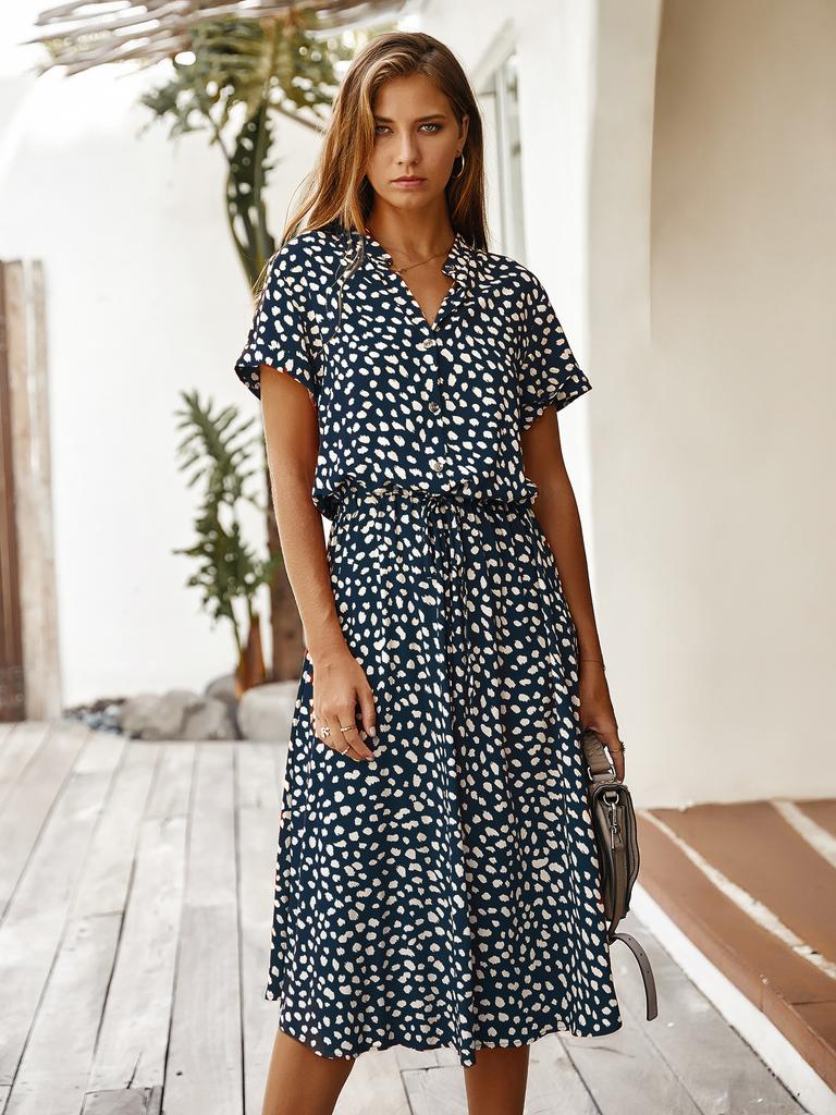 New Women's Polka Dot Chiffon Shirt Dress, V-Neck Short Sleeve Button Front Tie Waist A-Line Midi Dress for Spring Summer