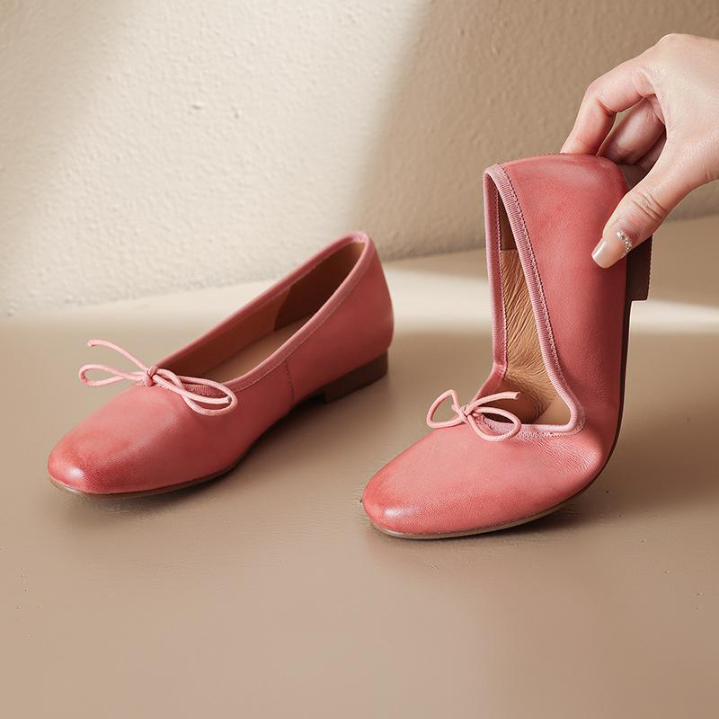 

Spot cowhide version~ putao mother same Paris classic French round head temperament bow small low heel single shoes women 39 розовый