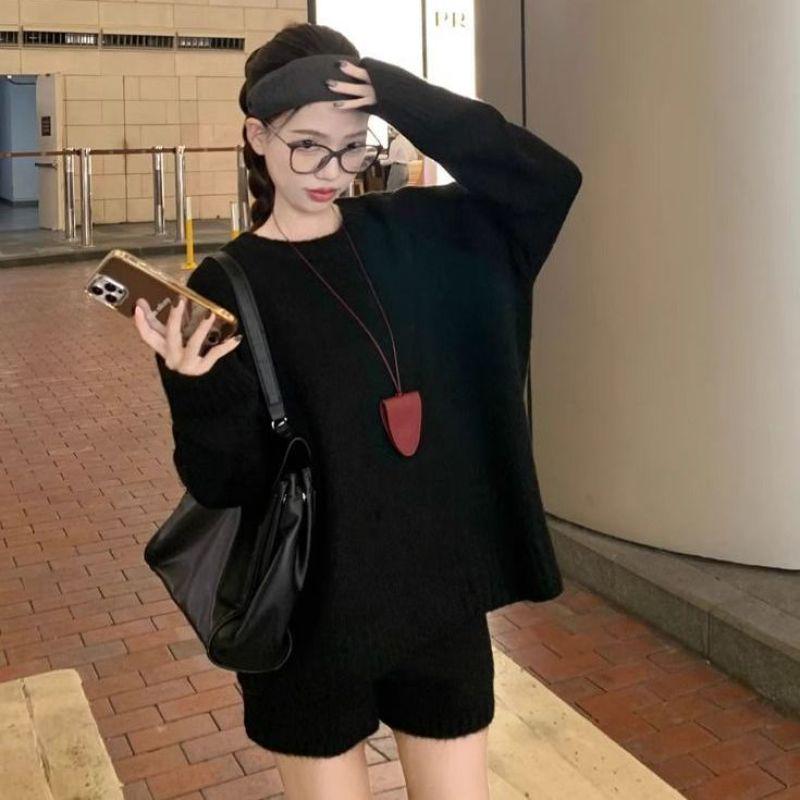 Chic Casual Two-Piece Set: Solid Color Sweater Knitwear & High Waist Wide Leg Shorts for Winter