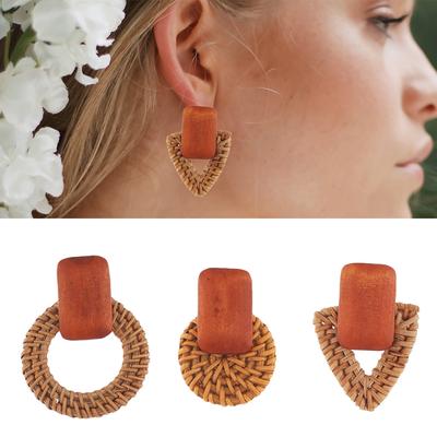 Handmade Korea Bamboo Wooden Straw Weave Rattan Knit Vine Circle Triangle Drop Earrings for Women Girl Beach Jewelry Earrings