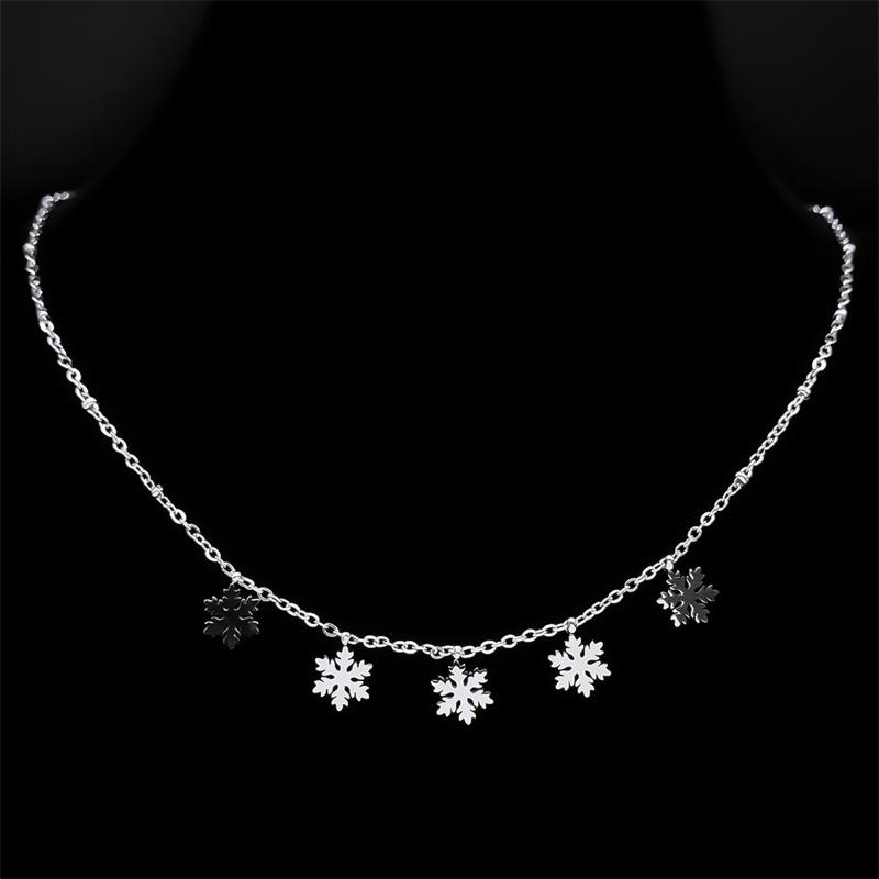 Trendy Snow Flower Snowflake Charm Necklace for Women Stainless Steel Silver Color Snowflake Chain Christmas Gift Jewelry