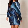 Women Plus Size Round Neck Long Sleeve Printed Teal Blue Gold Bodycon Mini Dress