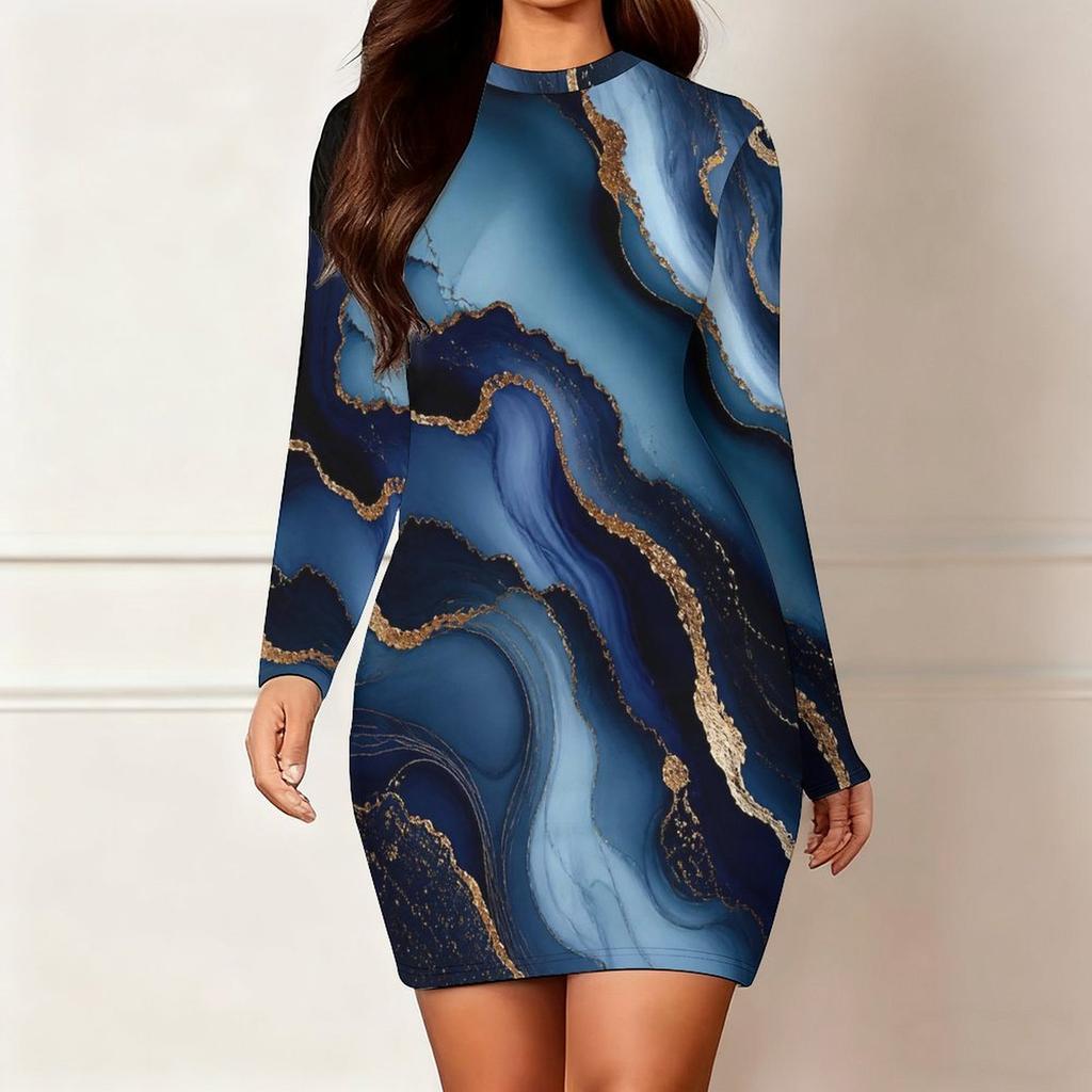 Women Plus Size Round Neck Long Sleeve Printed Teal Blue Gold Bodycon Mini Dress