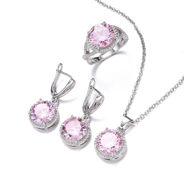 Hot Jewelry Set Female Zircon Necklace Earrings Ring Set of Three Simple Round Jewelry Set.