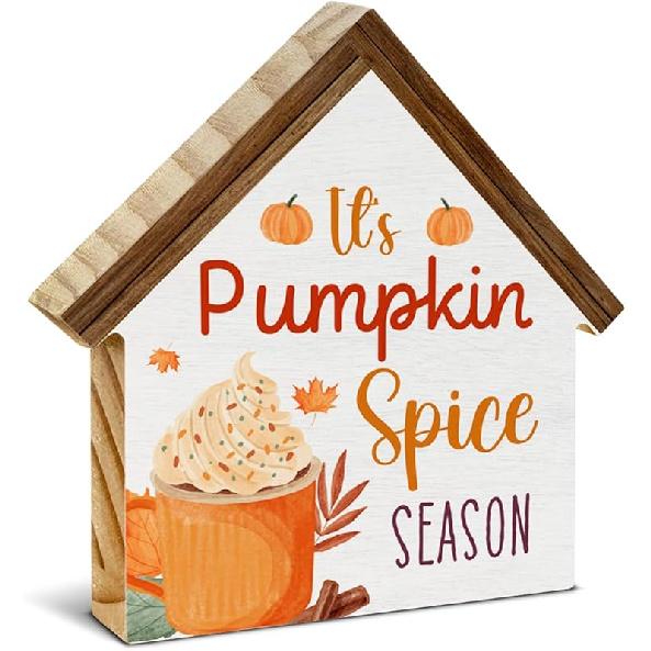 Scarecrows Fall Decor, Pumpkin Scarecrow Happy Fall House Shaped Wood Block Sign, Autumn Farmhouse Home Decor for Desk Table Shelf