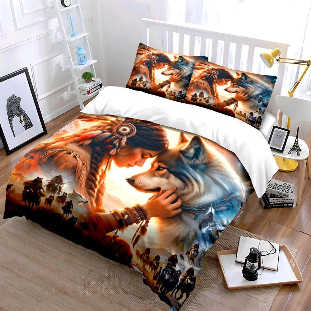 Tribal Wolf Spirit Decor Set Multiple Sizes Kid'S And Adults' Bedroom Exquisite 3Pc Bedding Set, Gift