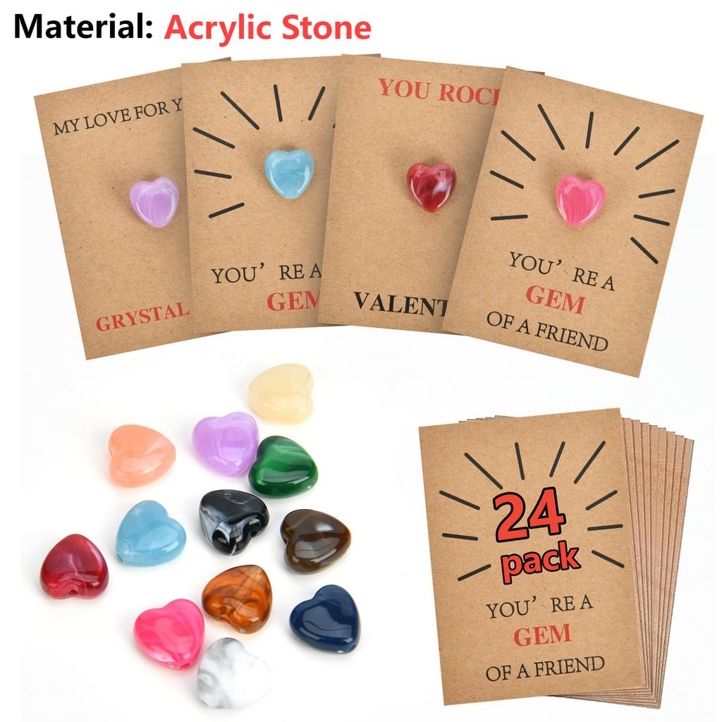 24Pcs Valentine's Day Cards with Love Hearts Valentines Gift Cards Heart-Shape Stone Valentine Exchange Card for School Party