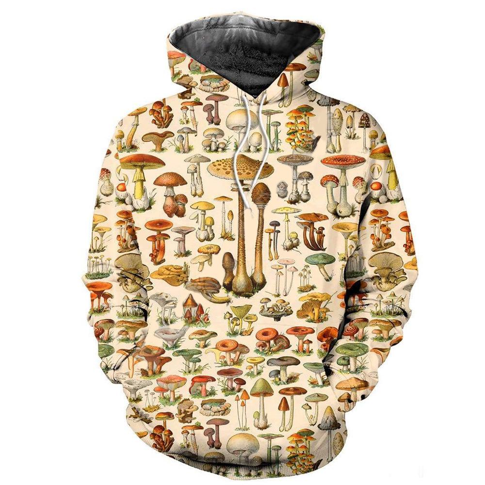 Felpa con cappuccio stampata in 3D con motivo a funghi colorati, felpa con cappuccio casual super larga, maglione da uomo stile street Harajuku