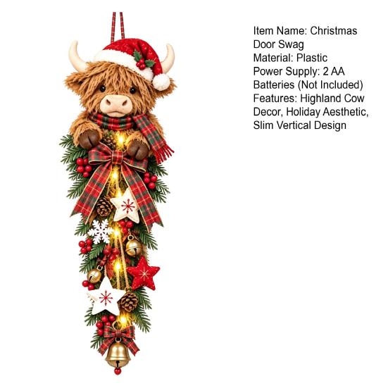 Rustikales saisonales Eingangsbereich-Dekor, beleuchteter Hochlandkuh-Weihnachts-Türschmuck, LED-Hänger mit Karoband, Bauernhaus-Stil Akzente und Beeren,