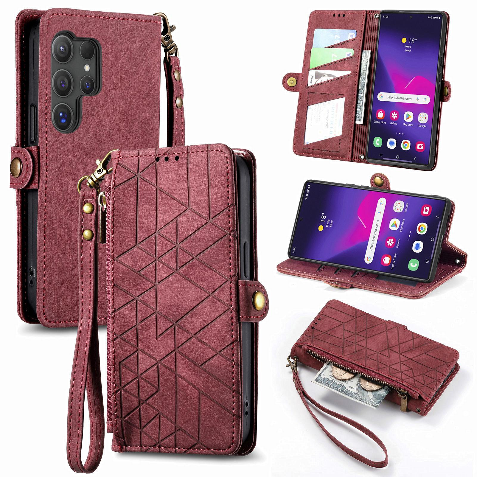 

For Samsung Galaxy S25 Ultra Zipper Wallet Case Geometry Lines Leather Phone Cover with Strap Red